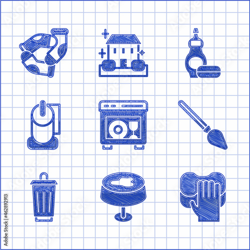 Set Dishwasher machine, Stain on the tablecloth, Cleaning service, Handle broom, Trash can, Toilet paper roll, Dishwashing liquid bottle and Socks icon. Vector