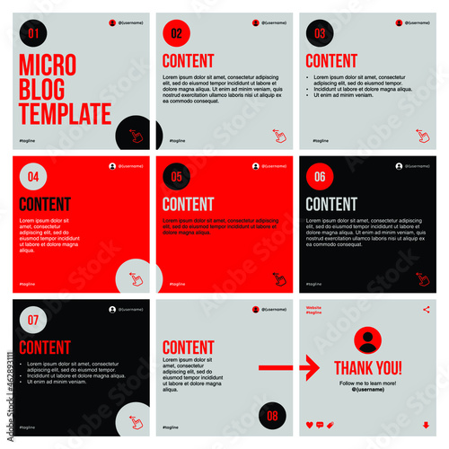 Microblog carousel slides template for instagram. Nine pages with flat background and black, red, grey colors theme.
