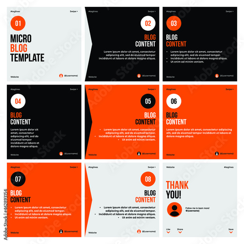 Microblog carousel slides template for instagram. Nine pages with flat background and orange, black soft grey colors theme.