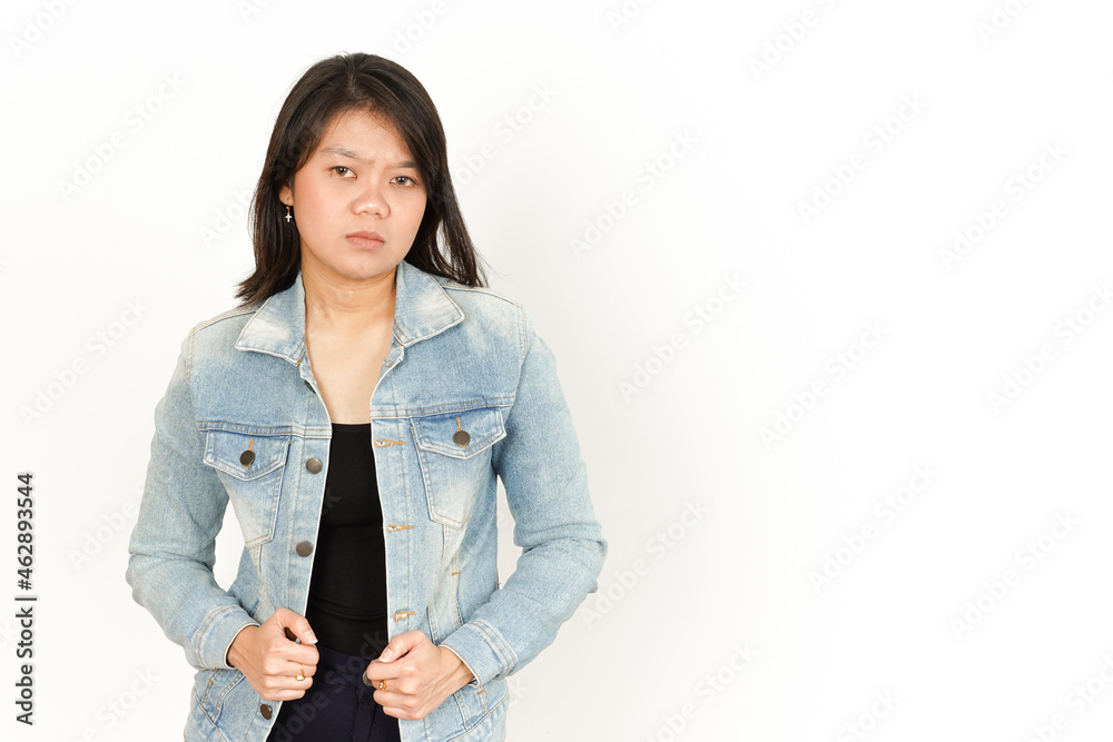 Sad Angry Face of Beautiful Asian Woman Wearing Jeans Jacket and black shirt Isolated On White Background Sad Angry Face of Beautiful Asian Woman Wearing Jeans Jacket and black shirt Isolated On White Background