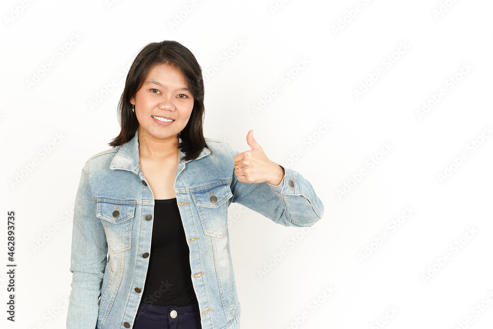 Showing Thumbs Up of Beautiful Asian Woman Wearing Jeans Jacket and black shirt Isolated On White Background Showing Thumbs Up of Beautiful Asian Woman Wearing Jeans Jacket and black shirt Isolated On White Background