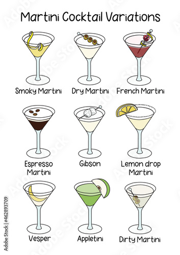 Collection set of classic martini cocktail variations such as Vesper, Espresso, Appletini, Gibson, Dirty, French, Smoky Martini etc. A4 A3 international paper size picture for posters, bar menu decor