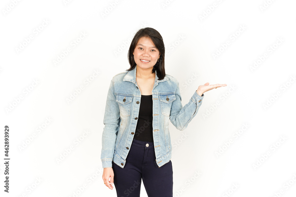 Showing and Presenting Product On Open Palm of Beautiful Asian Woman Wearing Jeans Jacket and black shirt Isolated On White Background Showing and Presenting Product On Open Palm of Beautiful Asian Woman Wearing Jeans Jacket and black shirt Isolated On White Background