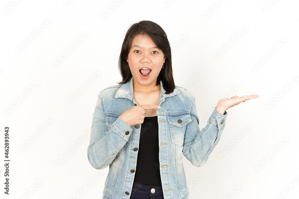 Showing and Presenting Product On Open Palm of Beautiful Asian Woman Wearing Jeans Jacket and black shirt Isolated On White Background Showing and Presenting Product On Open Palm of Beautiful Asian Woman Wearing Jeans Jacket and black shirt Isolated On White Background