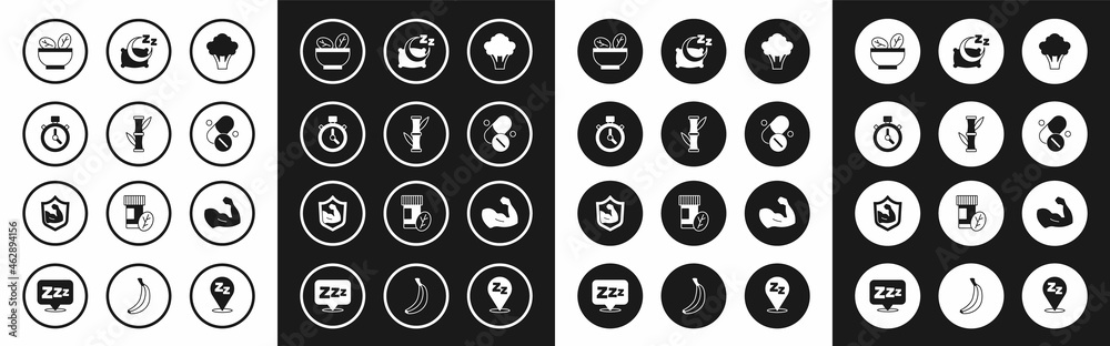Set Broccoli, Bamboo, Stopwatch, Salad in bowl, Vitamin pill, Time sleep, Bodybuilder muscle and icon. Vector