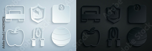 Set Jump rope, Bathroom scales, Apple, Fitness ball, Bodybuilder muscle and Big bed icon. Vector