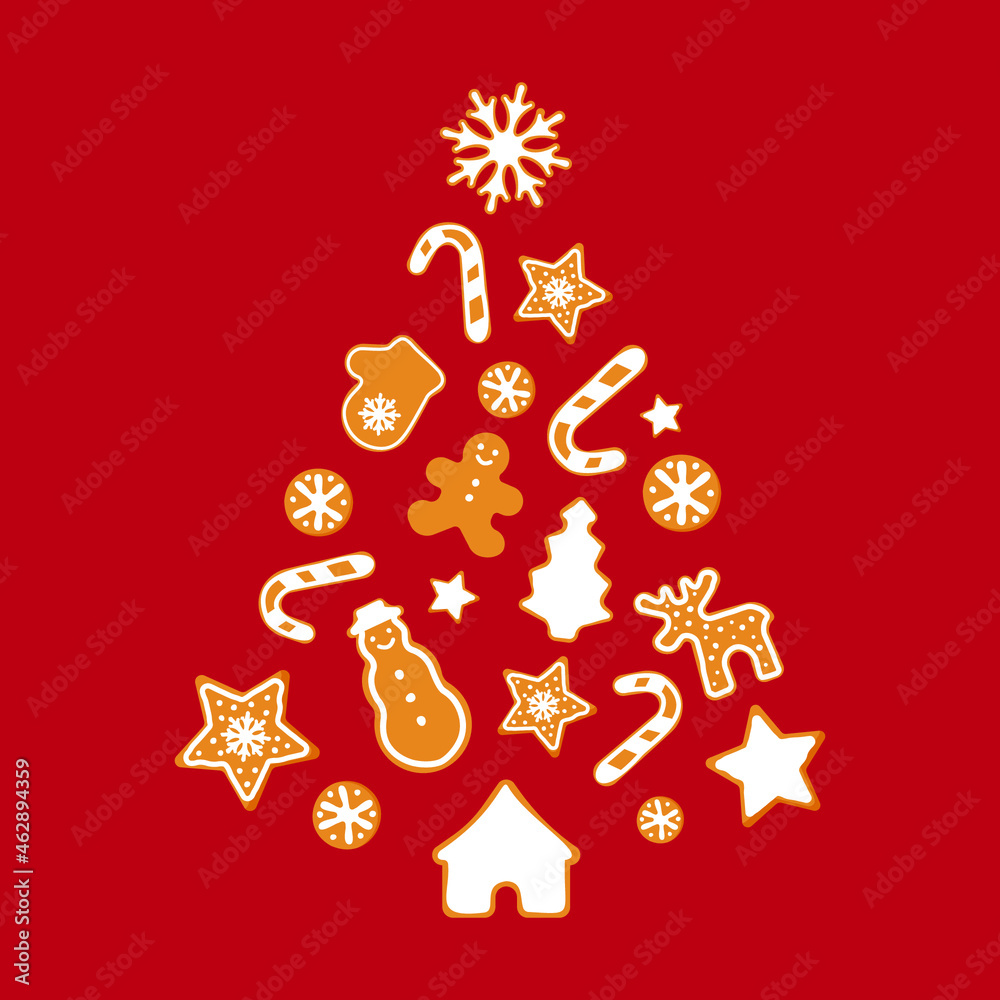 Creative Christmas Tree Silhouette Made of Gingerbread Cookies on Red Background. Modern Flat Vector Illustration. Design Template. Creative Christmas Tree Silhouette Made of Gingerbread Cookies on Red Background. Modern Flat Vector Illustration. Design Template.