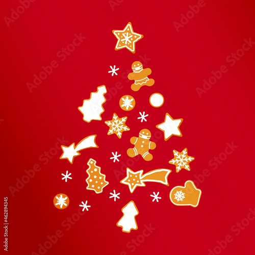 Creative Christmas Tree Silhouette Made of Gingerbread Cookies on Red Background. Modern Flat Vector Illustration. Design Template.