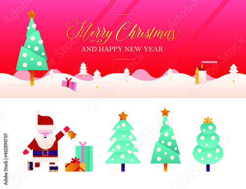 Set of Modern Flat Vector Illustration of Greeting Card on the Snow Covered Landscape and Santa Claus with Christmas Trees. Merry Christmas and Happy New Year Web Banner. Greeting Card Concept.