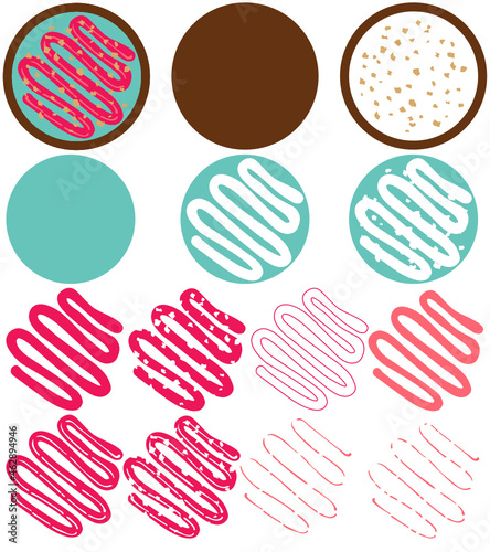 Dark chocolate brown round circular doughnut with turquoise blue green iced frosting, red jelly piping and nut chunk sprinkles. Grouped vector and separated SVG layers, suitable as cut file.
