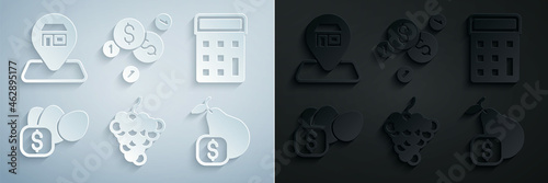 Set Grape fruit, Calculator, Price tag for egg, pear, Coin money with dollar and Location Market store icon. Vector