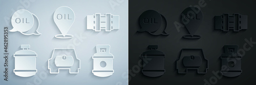Set Gas tank for vehicle, Metallic pipes and valve, Propane gas, Refill petrol fuel location and Word oil icon. Vector