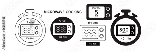 Meal Timer logo design. 5 minutes cook in boiling saucepan, fry pan,  microwave watt and oven cooker.