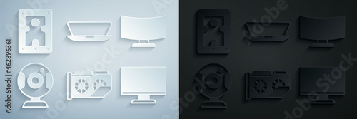 Set Video graphic card, Computer monitor screen, Web camera, Laptop and Hard disk drive HDD icon. Vector