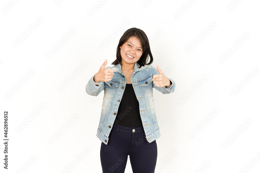 Showing Thumbs Up of Beautiful Asian Woman Wearing Jeans Jacket and black shirt Isolated On White Background Showing Thumbs Up of Beautiful Asian Woman Wearing Jeans Jacket and black shirt Isolated On White Background