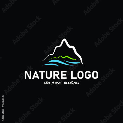 Beautiful nature concept design logo. With ocean, land and mountains