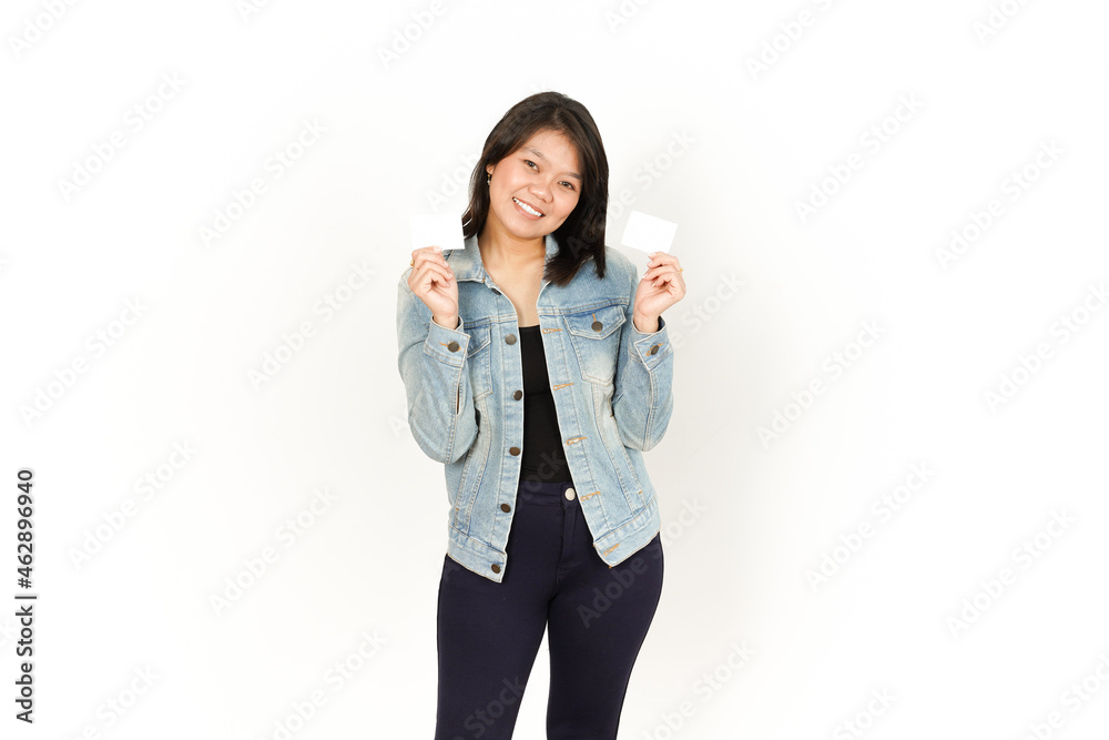 Showing, Presenting and Holding Blank Credit Card of Beautiful Asian Woman Wearing Jeans Jacket and black shirt Isolated On White Background Showing, Presenting and Holding Blank Credit Card of Beautiful Asian Woman Wearing Jeans Jacket and black shirt Isolated On White Background