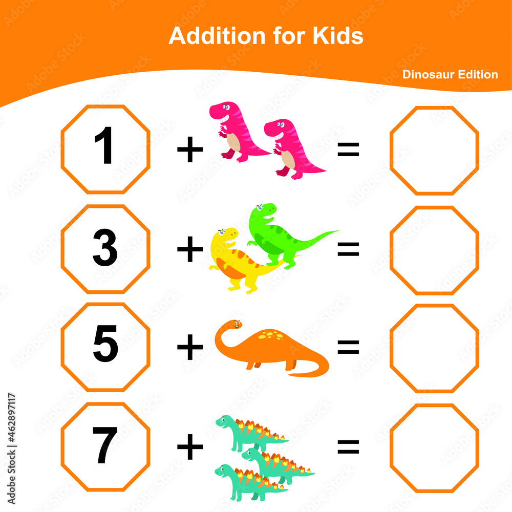 addition math game for preschool counting game worksheet for children dinosaur math worksheet edition educational printable math worksheet vector illustration stock vector adobe stock