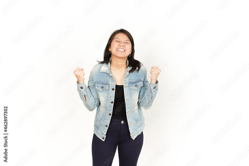 Yes Excited Gesture of Beautiful Asian Woman Wearing Jeans Jacket and black shirt Isolated On White Background Yes Excited Gesture of Beautiful Asian Woman Wearing Jeans Jacket and black shirt Isolated On White Background