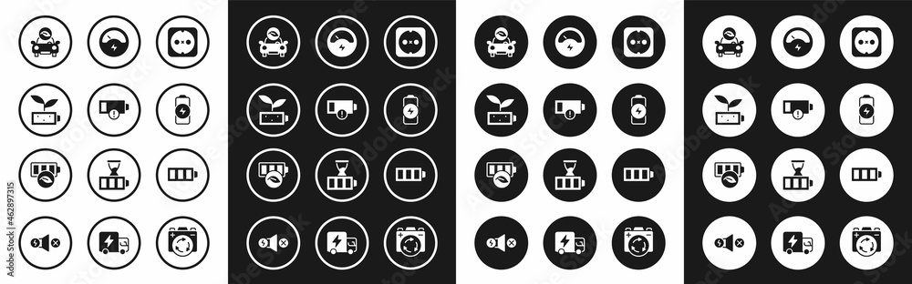 Set Electrical outlet, Low battery, Eco nature leaf, car, Battery charge, Voltmeter, and icon. Vector Set Electrical outlet, Low battery, Eco nature leaf, car, Battery charge, Voltmeter, and icon. Vector