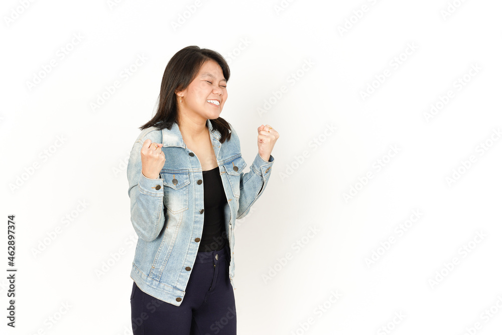 Yes Excited Gesture of Beautiful Asian Woman Wearing Jeans Jacket and black shirt Isolated On White Background Yes Excited Gesture of Beautiful Asian Woman Wearing Jeans Jacket and black shirt Isolated On White Background