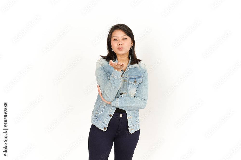 Blowing Kiss of Beautiful Asian Woman Wearing Jeans Jacket and black shirt Isolated On White Background Blowing Kiss of Beautiful Asian Woman Wearing Jeans Jacket and black shirt Isolated On White Background