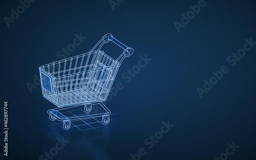 Foto Empty shopping cart with blue background, 3d rendering.