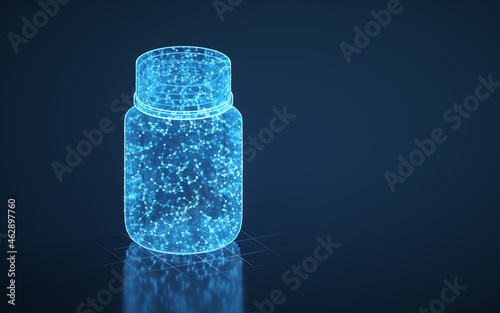 Medicine bottle and blue luminous lines, 3d rendering.