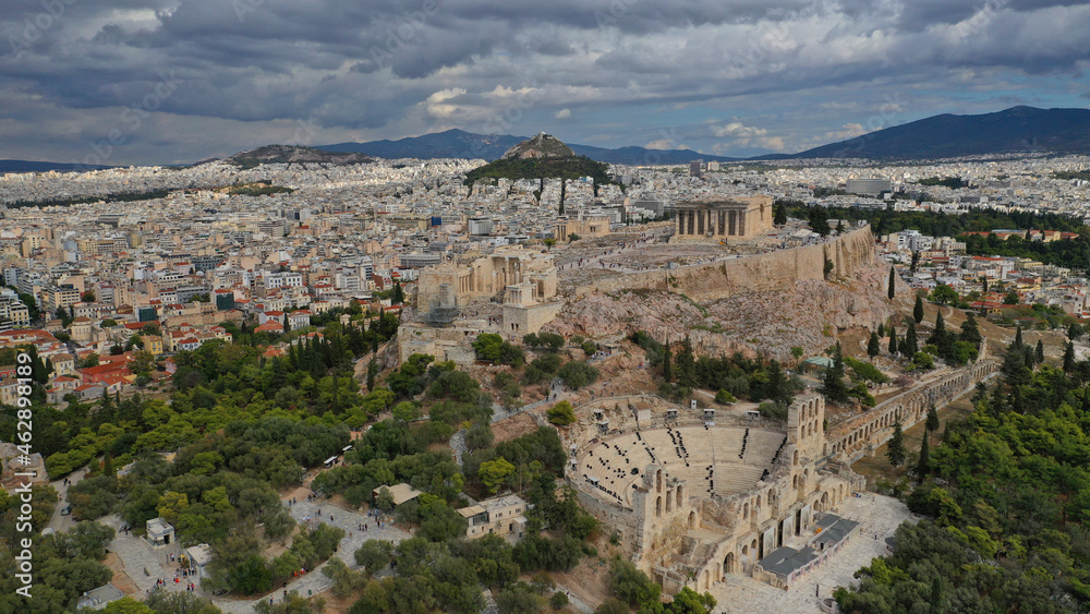 Aerial drone photo of Masterpiece Acropolis hill and the Parthenon on a beautiful cloudy morning, Athens, Attica, Greece