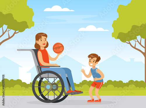 Smiling Disabled Woman in Wheelchair Playing Basketball with Little Boy Vector Illustration