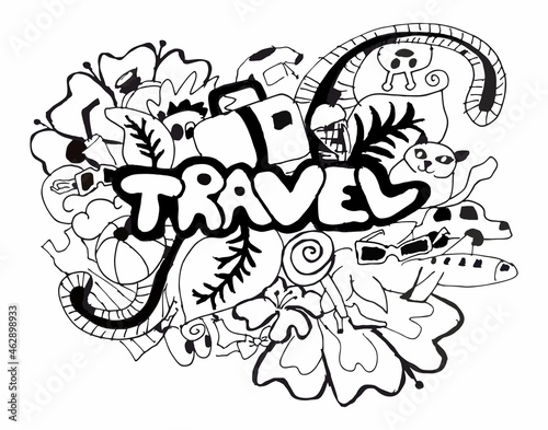 Black and White Art Doddle Style Travel Cartoon pattern photo