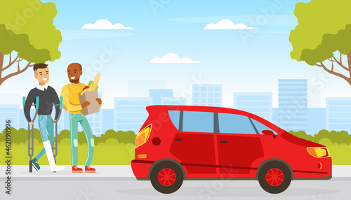 Smiling Man with Injured Leg Walking with Crutches with Friend Carrying Shopping Bag Vector Illustration