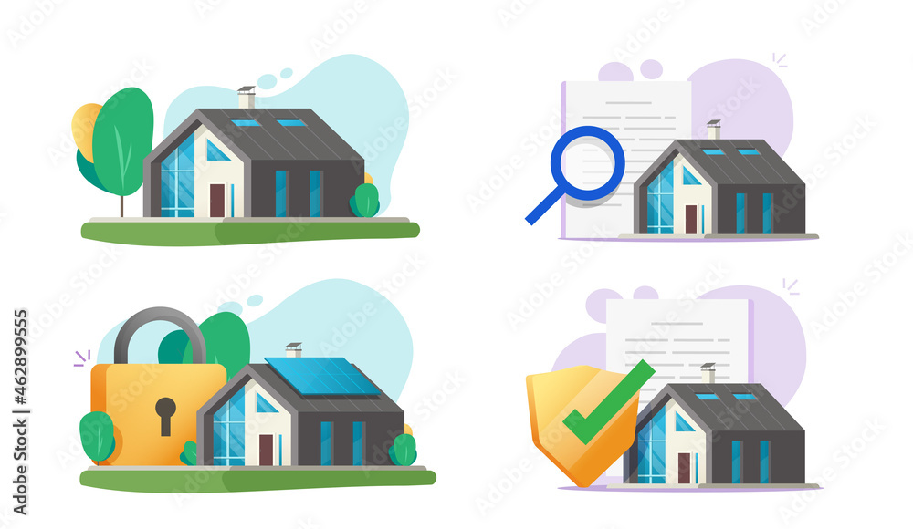 New smart home house insurance inspection vector, real estate mortgage document expertise or research idea, cottage security and protection systems, property safety shield flat cartoon illustration