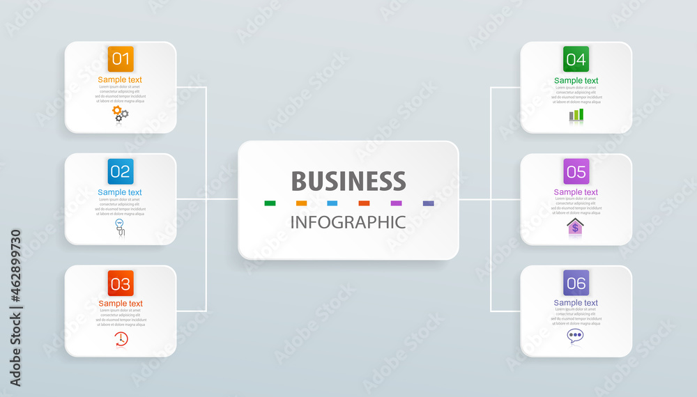 Infographic design business template with 6 options, steps. Can be used for workflow layout, diagram, annual report, web design.  Vector eps 10