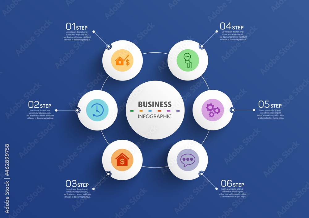 Infographic design business template with 6 options, steps. Can be used for workflow layout, diagram, annual report, web design.  Vector eps 10
