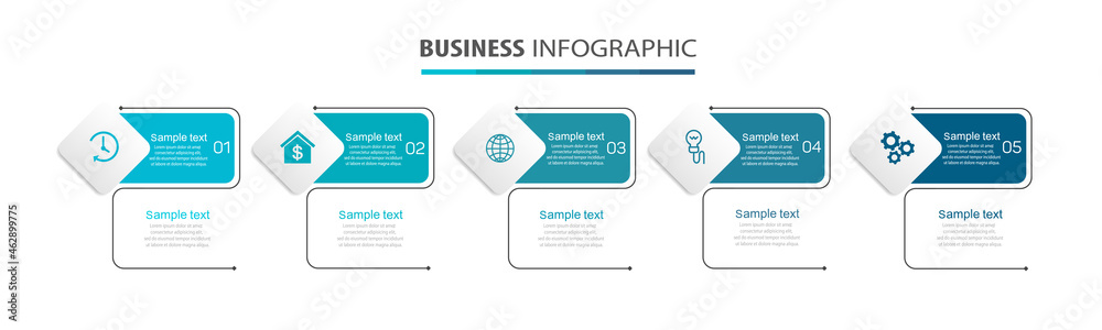 Business infographic design template with 5 options, steps or processes. Can be used for workflow layout, diagram, annual report, web design Business infographic design template with 5 options, steps or processes. Can be used for workflow layout, diagram, annual report, web design