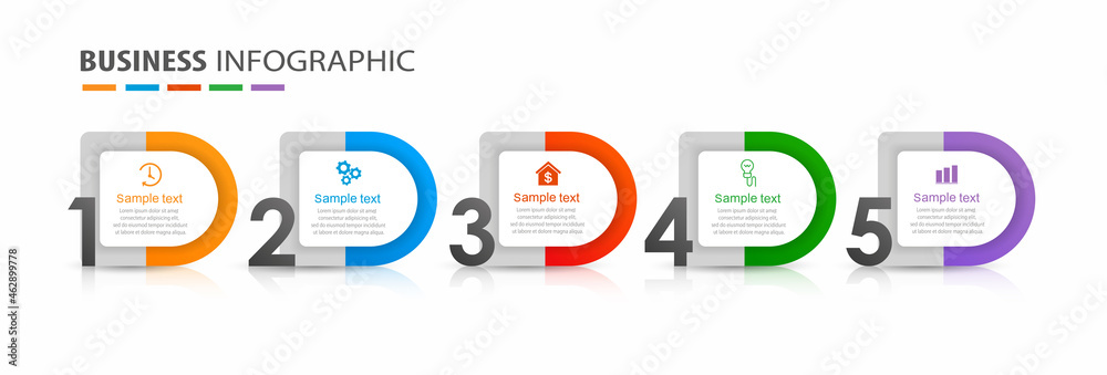 Business infographic design template with 5 options, steps or processes. Can be used for workflow layout, diagram, annual report, web design Business infographic design template with 5 options, steps or processes. Can be used for workflow layout, diagram, annual report, web design