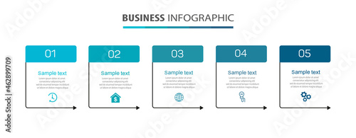 Business infographic design template with 5 options, steps or processes. Can be used for workflow layout, diagram, annual report, web design  