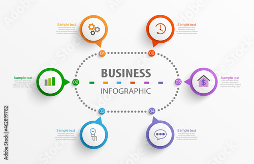 Infographic design business template with 6 options, steps. Can be used for workflow layout, diagram, annual report, web design. Vector eps 10