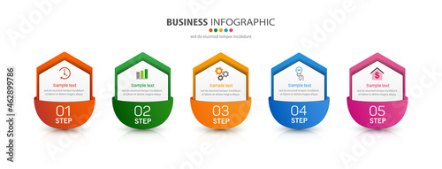 Business infographic design template with 5 options, steps or processes. Can be used for workflow layout, diagram, annual report, web design   © andreyorb