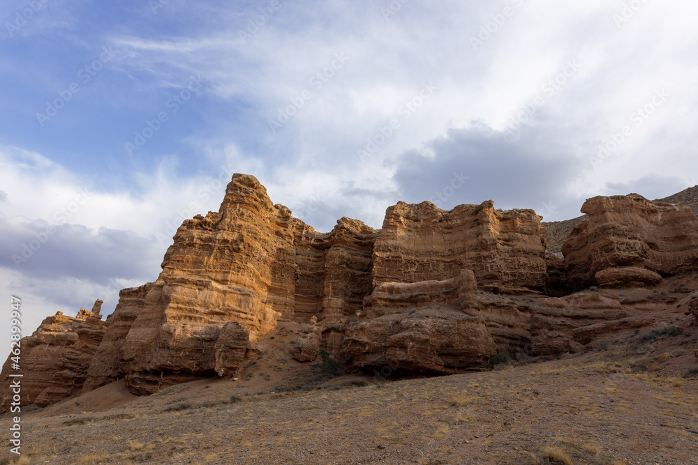 Charyn canyon is known for its unusual rock formations, and its length is 3 kilometres (1.9 mi) with a depth of 100 metres (330 ft). Charyn National Park.