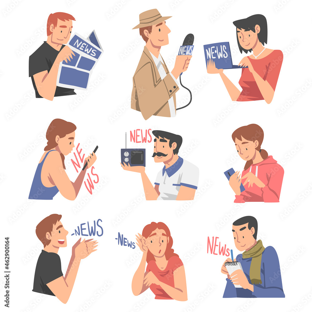 People Character Gathering News Using Smartphone, Newspaper and Radio Vector Set People Character Gathering News Using Smartphone, Newspaper and Radio Vector Set