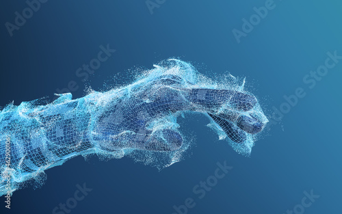 Glowing particles and digital hand, 3d rendering.