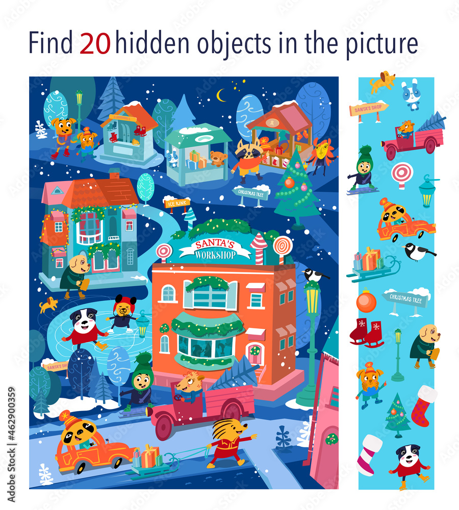 Vecteur Stock Find 20 hidden objects in picture. Christmas village with  cute characters and buildings. Children Game. Activities, vector  illustration. | Adobe Stock