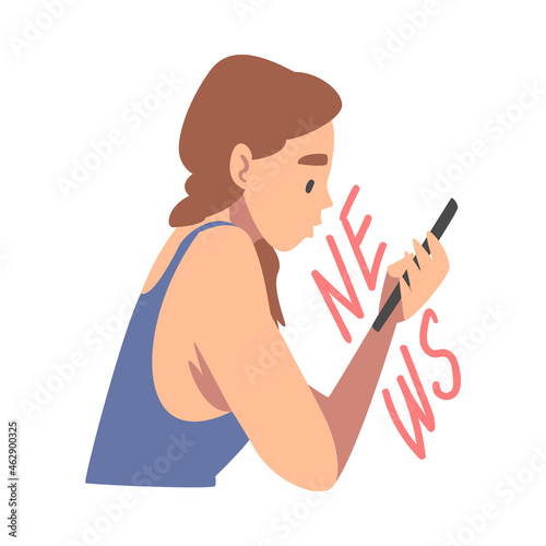 Woman Character Gathering News Reading Article on Smartphone Vector Illustration
