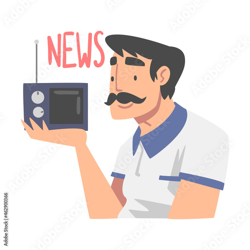 Moustached Man Character Gathering News Listening to Radio Vector Illustration