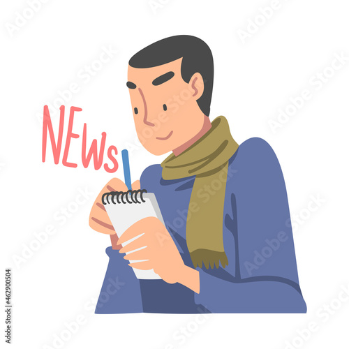 Man Journalist Character in Scarf with Notepad and Pen Gathering News Writing Them Down Vector Illustration