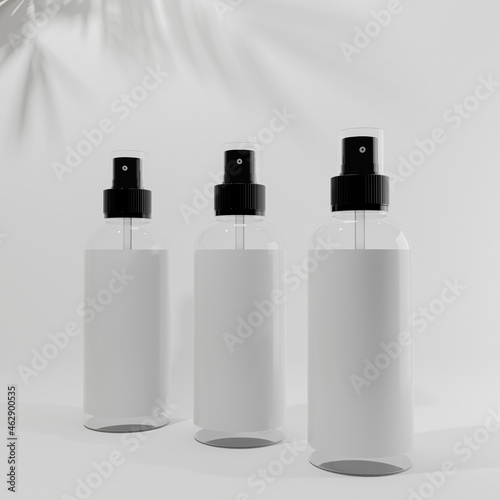 spray bottles a front view with white black on3d background