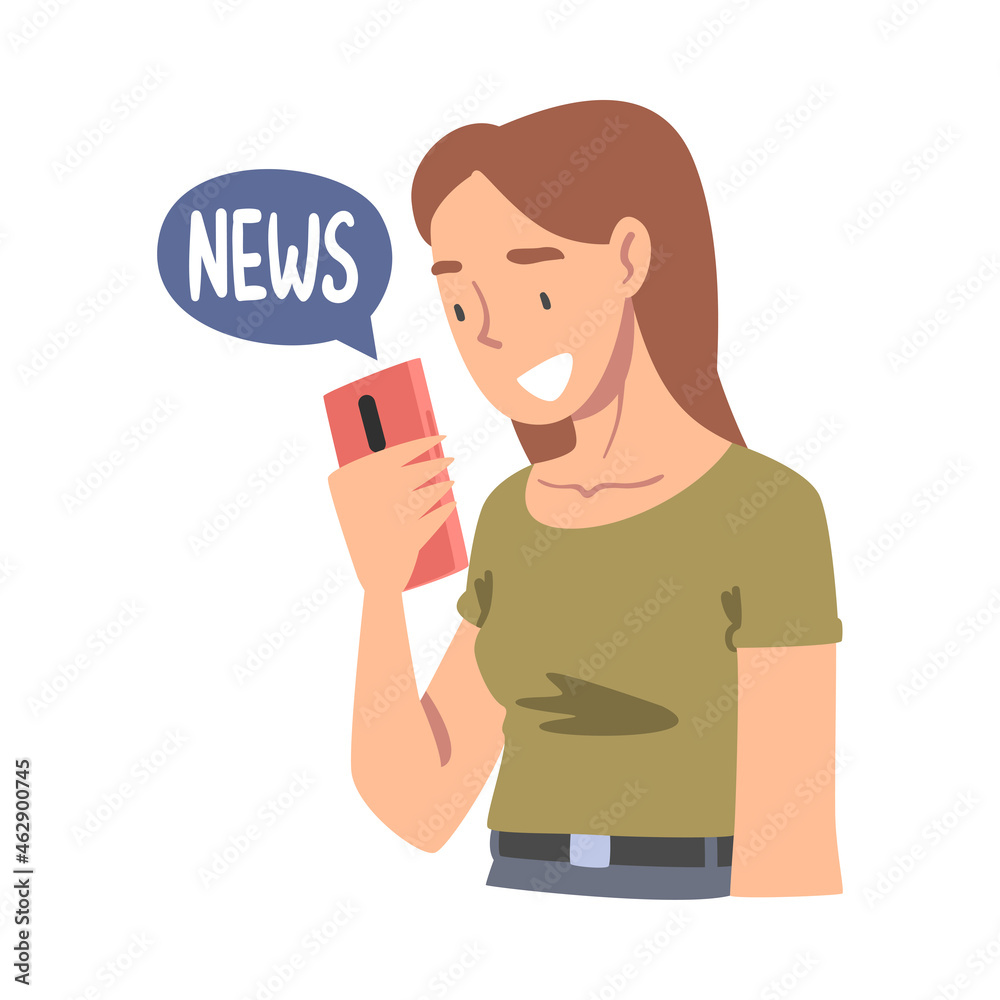 Woman Character Gathering News Reading Article on Smartphone Vector Illustration