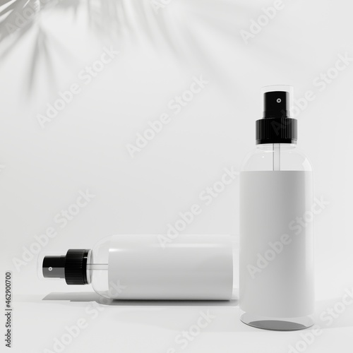 white cosmetic bottles with black cap and 3d background beauty 
